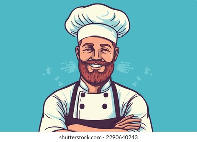 Trendy man cook holds and smile on a light blue and blue background, vector flat illustration, restaurant concept, cooking сoncept