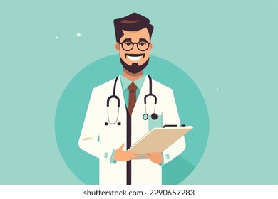 Trendy man doctor holds a medical record and smile on a light blue background, vector flat illustration, Medical concept, Health сare сoncept