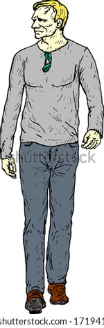 A trendy man walking around. Hand drawn vector illustration.