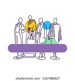 Trendy mannequin display case, vector illustration. Purple oblong sticker is pasted on clothing store window. In window are female mannequins in fur coat, coat, jacket and dress, cartoon.