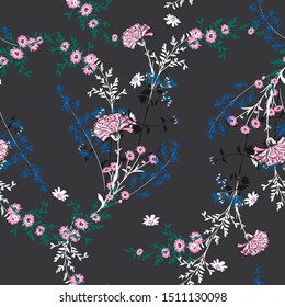 Trendy many kind of Floral seamless pattern in the garden . Botanical full blooming Motifs  vector texture.Design for fashion,fabric,web,wallpaper ,wrapping and all prints on dark grey background.