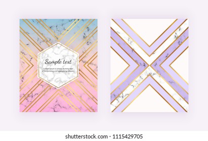 Trendy marble backgrounds with gold geometric lines, triangles shapes. Modern fashion cover for invitation, placard, birthday, brochure, banner, layout, card, flyer, website, social media.
