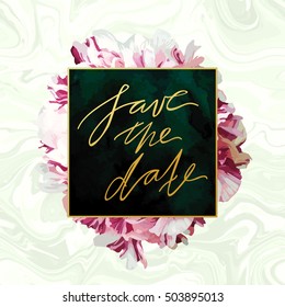 Trendy marble and peony vector invitation template. Watercolor paint textured petals background. Natural stone, fresh flower emerald green velvet textures.