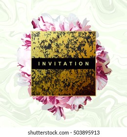 Trendy marble and peony vector invitation template. Watercolor paint textured peony petals on marble background. Natural stone, fresh flower and burgundy "marsala" velvet textures.