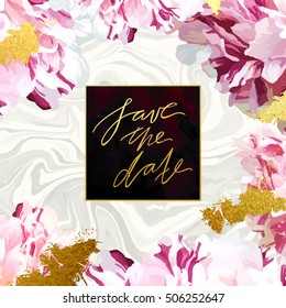 Trendy marble and peony vector invitation template. Watercolor paint textured peony petals marble background. Natural stone, fresh flower and burgundy "marsala" vinous velvet textures.