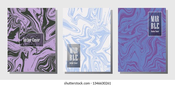 Trendy marble prints, vector cover design templates. Fluid marble stone texture iInteriors fashion magazine backgrounds  Corporate journal patterns set of liquid paint waves. Flyers, banners set.