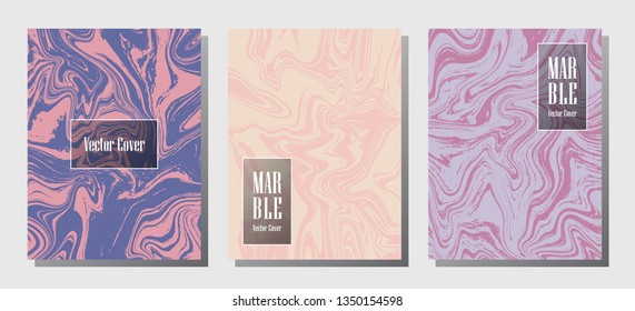 Trendy marble prints, vector cover design templates. Fluid marble stone texture iInteriors fashion magazine backgrounds  Corporate journal patterns set of liquid oil waves. Report covers.