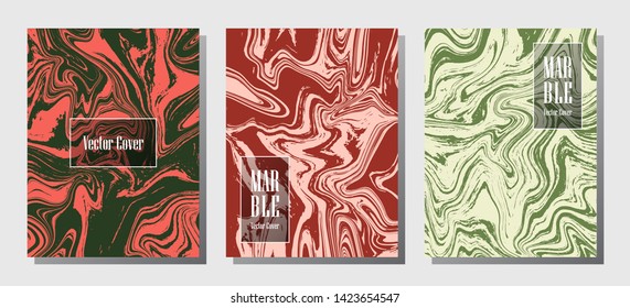 Trendy marble prints, vector cover design templates. Fluid marble stone texture iInteriors fashion magazine backgrounds  Corporate journal patterns set of liquid clay waves. Notebook prints set.