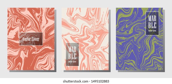 Trendy marble prints, vector cover design templates. Fluid marble stone texture iInteriors fashion magazine backgrounds  Corporate journal patterns set of liquid clay waves. Posters set.