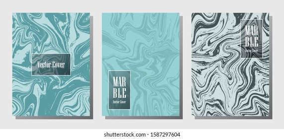 Trendy marble prints, vector cover design templates. Fluid marble stone texture iInteriors fashion magazine backgrounds  Corporate journal patterns set of liquid oil waves. Report covers.