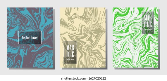 Trendy marble prints, vector cover design templates. Fluid marble stone texture iInteriors fashion magazine backgrounds  Corporate journal patterns set of liquid clay waves. Splash effect prints.