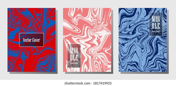 Trendy marble prints, vector cover design templates. Fluid marble stone texture iInteriors fashion magazine backgrounds  Corporate journal patterns set of liquid oil waves. Cover pages set.