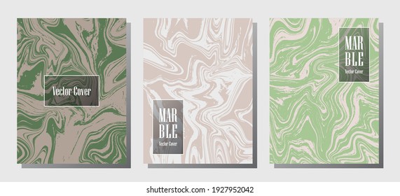 Trendy marble prints, vector cover design templates. Fluid marble stone texture iInteriors fashion magazine backgrounds  Corporate journal patterns set of liquid clay waves. Report covers.