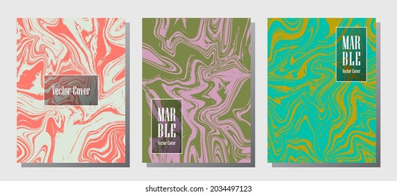 Trendy marble prints, vector cover design templates. Fluid marble stone texture iInteriors fashion magazine backgrounds  Corporate journal patterns set of liquid clay waves. Brochure covers set.