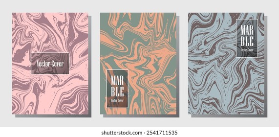 Impresiones de mármol de moda, Plantillas de diseño de cubierta de Vector. Textura de piedra de mármol fluida iInteriors fondos de revistas de moda Corporativa conjunto de patrones de diario de ondas de aceite líquido. Conjunto de carteles.