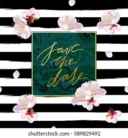 Trendy marble and spring flowers vector invitation template. Watercolor paint textured petals background. Stripes, blossom plum tree and emerald green velvet textures.