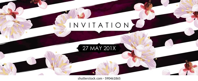 Trendy marble and spring flowers vector invitation template. Watercolor paint textured petals background. Stripes and blossom plum tree textures.