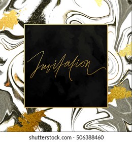 Trendy marble vector invitation template with hand lettering, natural stone, black velvet and shabby gold textures.