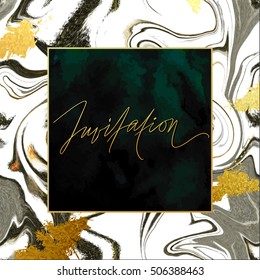Trendy marble vector invitation template with hand lettering, natural stone, emerald green velvet and shabby gold textures.