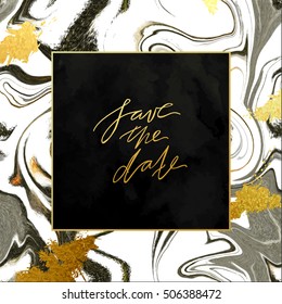 Trendy marble vector invitation template with hand lettering, natural stone, black velvet and shabby gold textures.