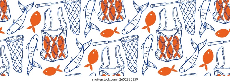 Trendy Marine Doodle Muster mit Netztasche, Sardinen und Fischnetz. Kombination aus blauem Doodle und orangefarbener Flachdarstellung. Ideal für Modedruck, Verpackung und Branding. Vektorkonturgrafik.