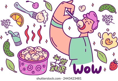 Juego de garabatos de color de dumplings de carne. Hombre comiendo bolas de masa. Platos nacionales Pelmeni, crema agria, vodka, perejil. Receta de masa y carne. Para el mercado de alimentos, logotipo, tienda. Ilustración vectorial.