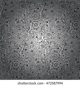 Trendy mechanical seamless vector pattern on gradient  background. Black and white.