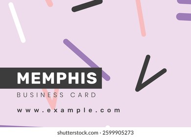 Trendy Memphis business card featuring abstract lines and shapes on a soft purple background.