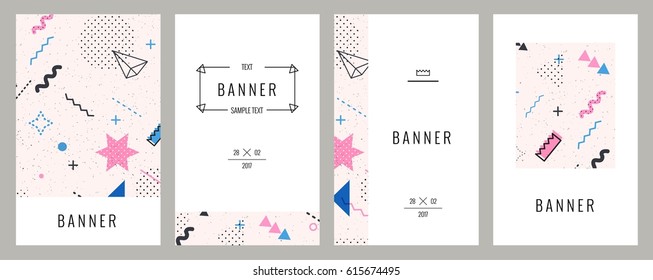 Trendy memphis cards with abstract pattern.  Hipster poster, pastel  pink and blue color background. Vector illustration   