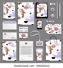 Trendy memphis colorful Corporate identity template set. Business stationery mock-up with logo. Branding design. Colorful background.