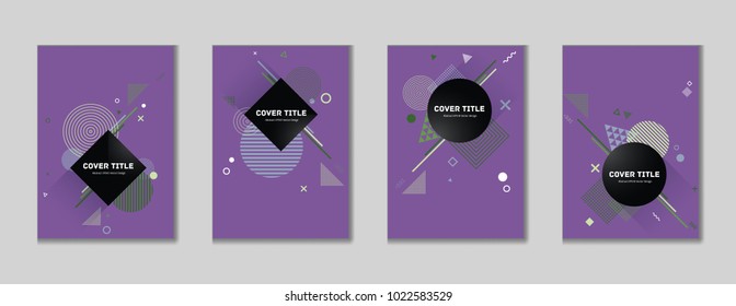 Trendy memphis cover collection pattern with white, green, blue and green geometrical shapes on violet background. Variegated first page cover set. Memphis style illustration for business purpose.