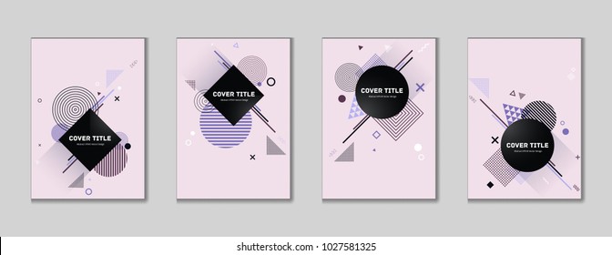 Trendy memphis cover collection vector with white, purple and brown geometrical shapes on ice cream pink background. First page cover assortment. Memphis style pattern for advertisement purpose.