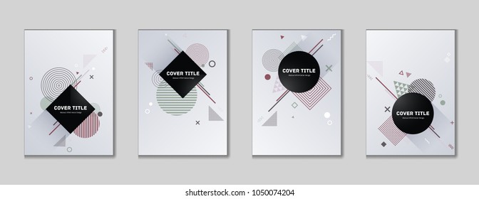Trendy memphis cover kit. Cool memphis texture front page set with white, green and wine-colored shapes, isolated on light background. Memphis style cover backdrop collection for advertisement purpose