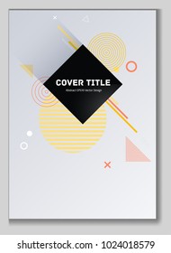 Trendy memphis design placard vector with white, bright orange and light yellow shapes. Cool memphis template placard page. Front page graphic design for student notebook, dairy or notepad.