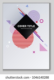 Trendy memphis design placard vector with white, violet, purple, magenta and red shapes. Cool memphis template placard page. Front page vector for student notebook, dairy or notepad.