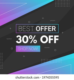trendy memphis design square banner 30 percent off discount. best offer discount for instagram post, social media, web internet ads. blue gradient promo business illustration, black background