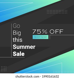 trendy memphis design square banner 75 percent off discount. go big this summer sale lettering for social media post, online stores, web internet ads. cyan gradient promotional business illustration