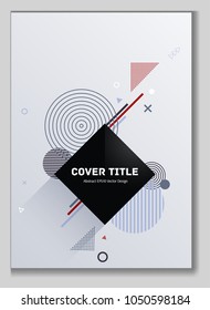 Trendy memphis front cover background with white, brown, violet and black geometrical shapes. Minimalistic front page template. Colorful title page vector for business notebook, dairy or notepad.