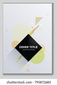 Trendy memphis front cover background with white, green, yellow and brown geometrical shapes. Minimalistic front page tile. Colorful title page graphic design for college notebook, dairy or notepad.