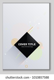 Trendy memphis front cover vector with white orange and lime green geometrical shapes. Minimalistic front page template. Colorful title page backdrop for college notebook, dairy or notepad.