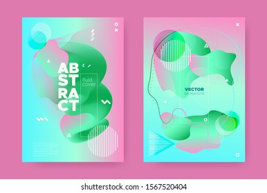 Trendy Memphis Geometric Elements. 70s or 80s Design. Pink Gradient Flow Shapes. Hipster Pastel Wave Posters. Memphis Geometric Background. Gradient Liquid Shape. Abstract Geometric Background.