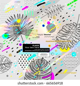 Trendy memphis hipster style background template with geometric patterns. Retro 80s poster cover with tropic palm leaves and vintage elements. Vector illustration.