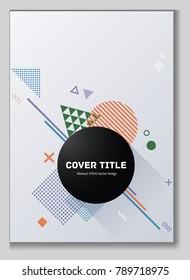 Trendy memphis neo pattern with white, orange, green and blue geometrical shapes. Minimalistic front page template. Colorful memphis neo style graphic design for advertisement purpose.