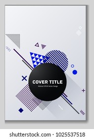 Trendy memphis neo vector with white, blue and violet geometrical shapes. Minimalistic front page template. Colorful memphis neo style illustration for business purpose.