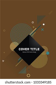 Trendy memphis neo vector with white, yellow, brown and cyan geometrical shapes on brown background. Minimalistic front page texture. Colorful memphis neo style graphic design for personal purpose.