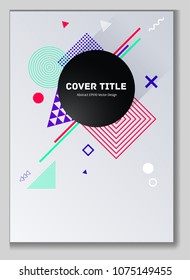 Trendy memphis notepad cover background. Cool memphis texture front page with white and geometrical shapes. Memphis notepad cover backdrop for student purpose.