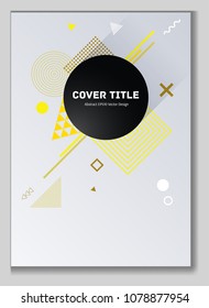 Trendy memphis notepad cover background. Cool memphis tile front page with white, yellow, beige and  mustard geometrical shapes. Memphis notepad cover design for corporate purpose.