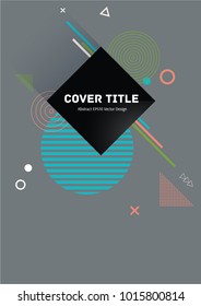 Trendy memphis notepad cover vector. Cool memphis texture front page with white, cyan, green and orange geometrical shapes on grey background. Memphis notepad cover background for student purpose.