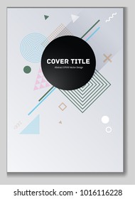 Trendy memphis notepad cover vector. Cool memphis tile front page with cyan, purple, white and green geometrical shapes. Memphis notepad cover background for advertisment purpose.