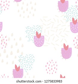 Trendy memphis pattern in soft color palette. Strawberry and organic shapes